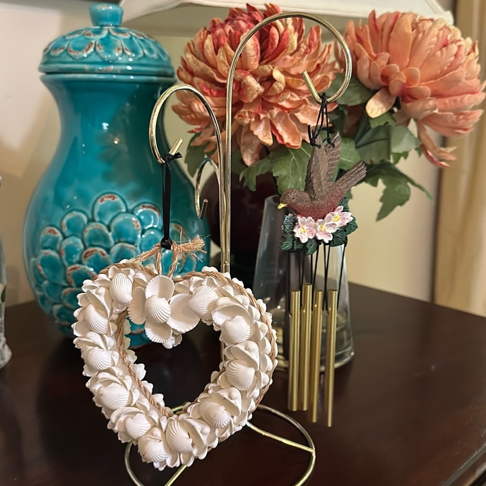 Set of two heart seashell and bird wind chimes home decor